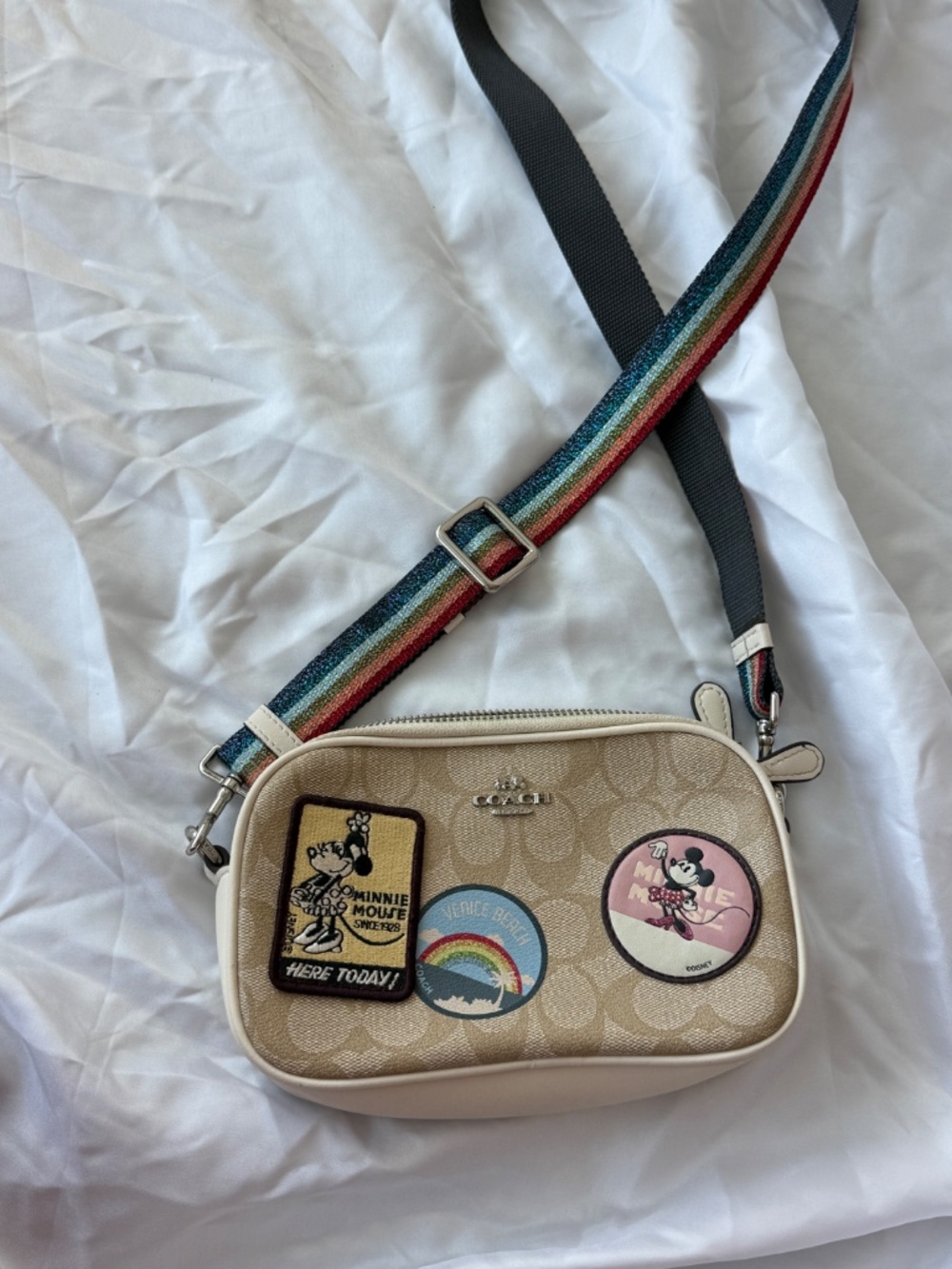 Disney X Coach Minnie Mouse Camera Bag Signature Canvas Patches Rainbow Strap